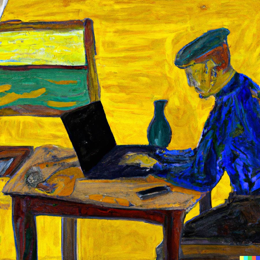 DALL·E - A Van Gogh painting of a person working on a laptop at a yellow desk