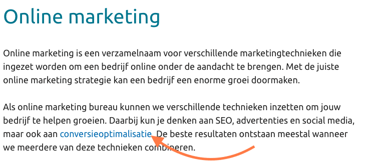 Interne links en SEO, een voorbeeld van een contextuele links in de tekst van de Rocket Marketing website